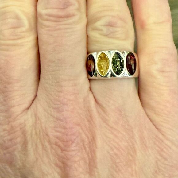 Sterling Silver Multicolor Baltic Amber Four Stone Marquise Shape Ring New - Picture 4 of 5